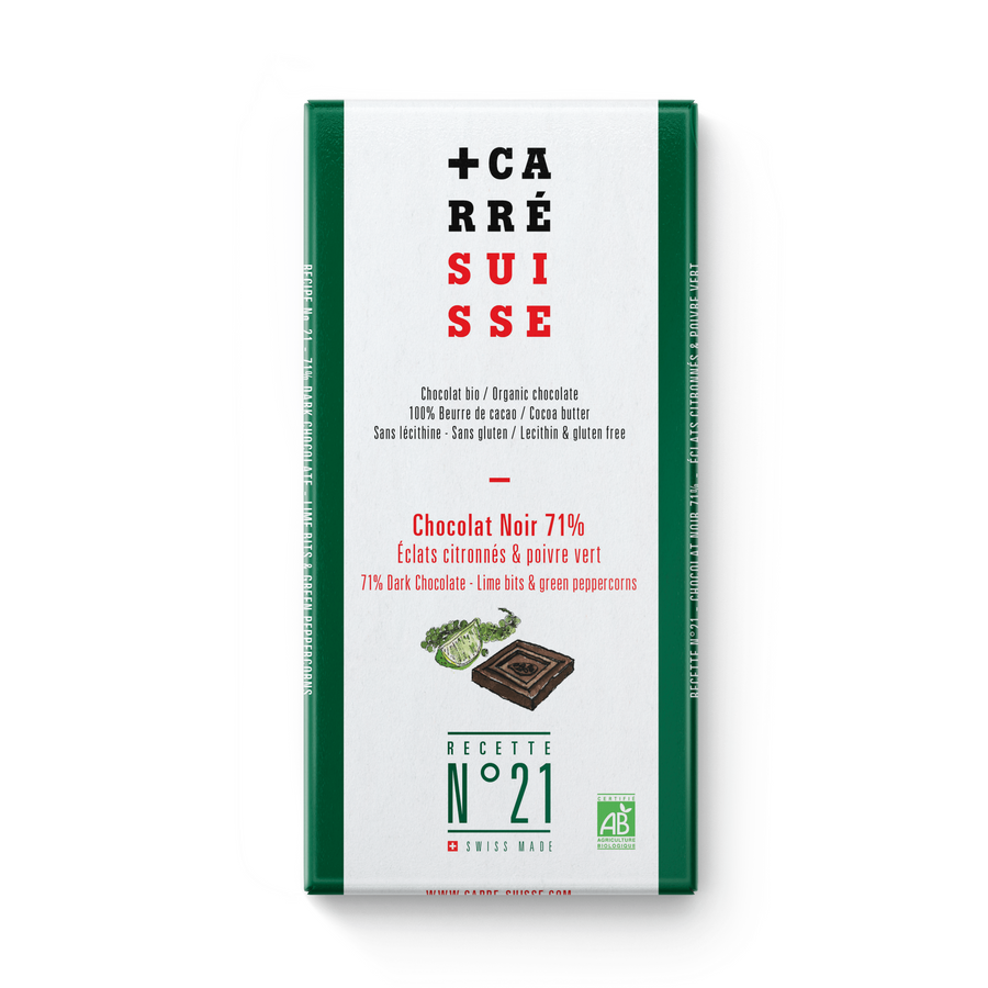 N°21 • Tablette chocolat noir éclats citronnés & poivre vert (bio)