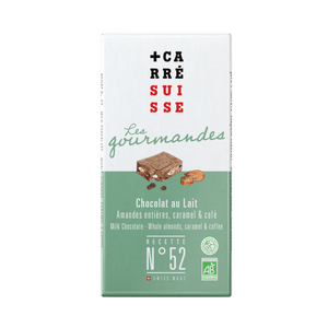 N°52 • Tablette chocolat au lait, amandes entières, éclats de caramel et de café (bio)